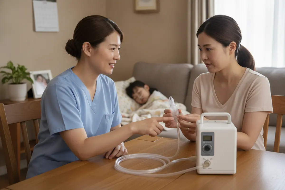 Pediatric nurse and parent review prescribed oxygen equipment at home