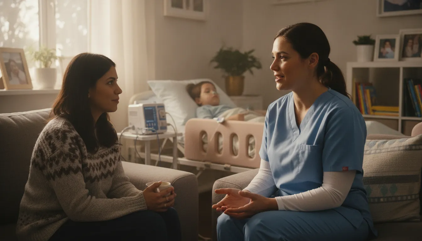 Pediatric nurse discussing an in-home care plan with a Georgia parent