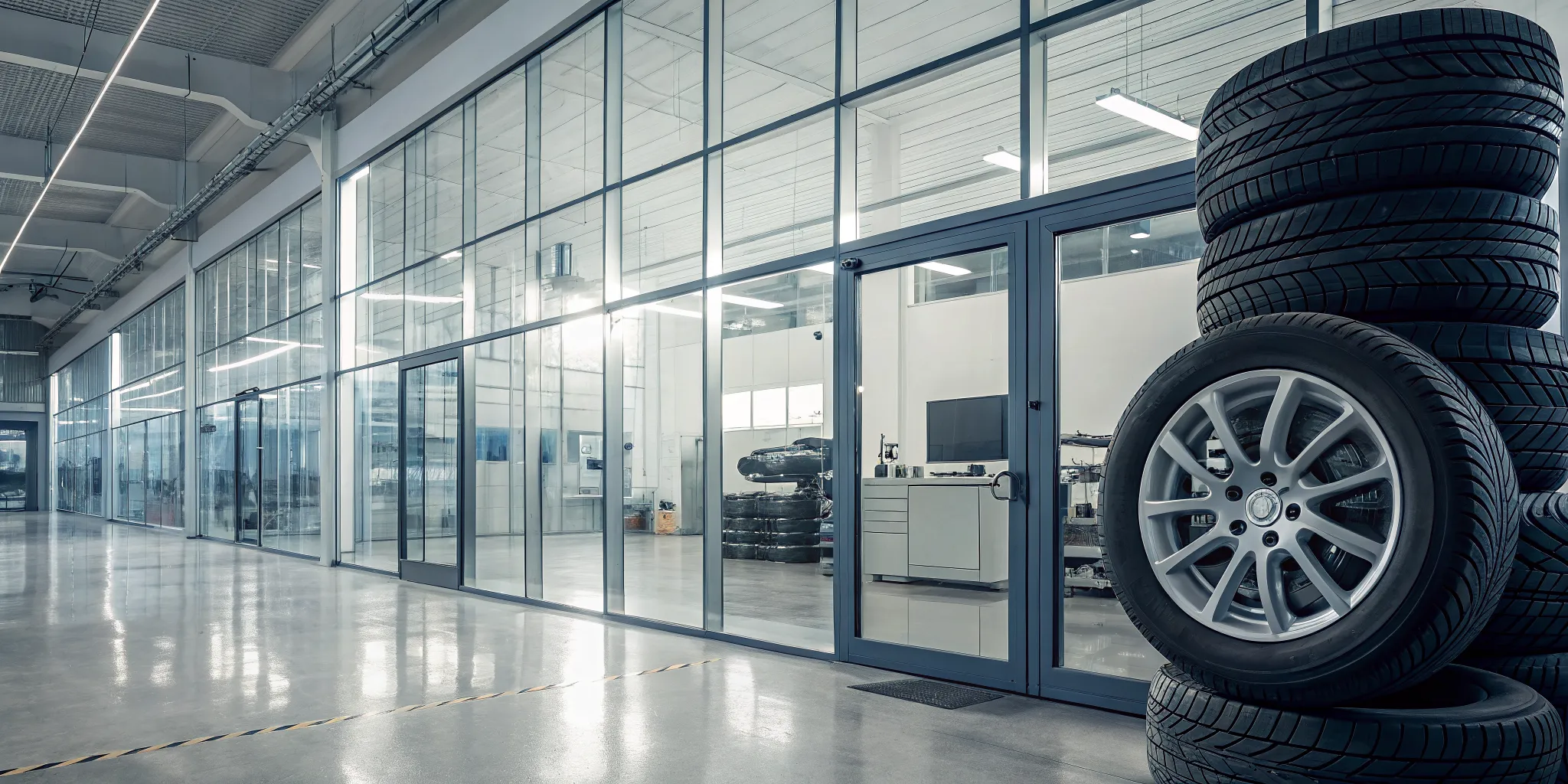A modern tire shop using the best ERP software to organize its tire inventory.