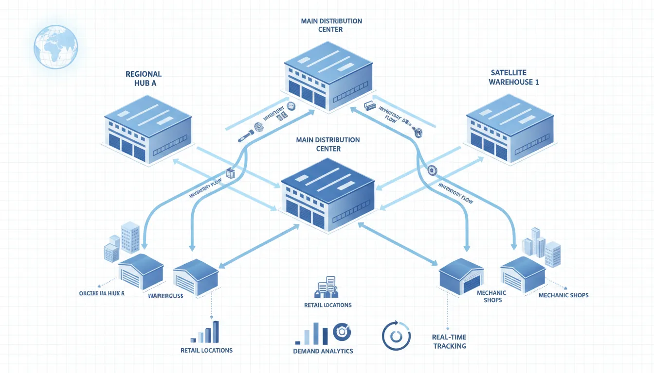 Connected warehouse and distribution network illustration showing multi-location inventory management