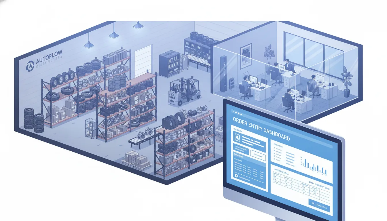 Auto parts distribution warehouse with digital order entry dashboard on a computer screen