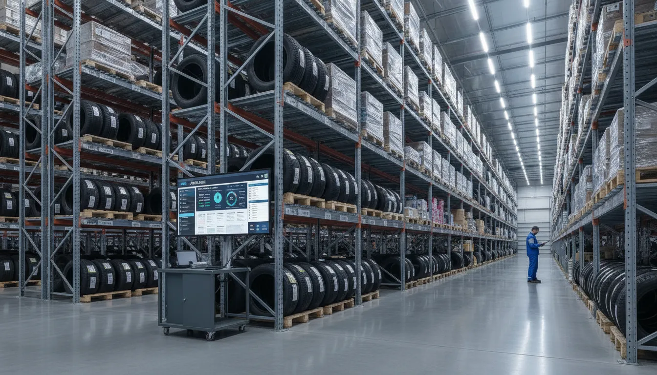 Warehouse shelves stocked with automotive parts alongside a digital dashboard showing inventory management software