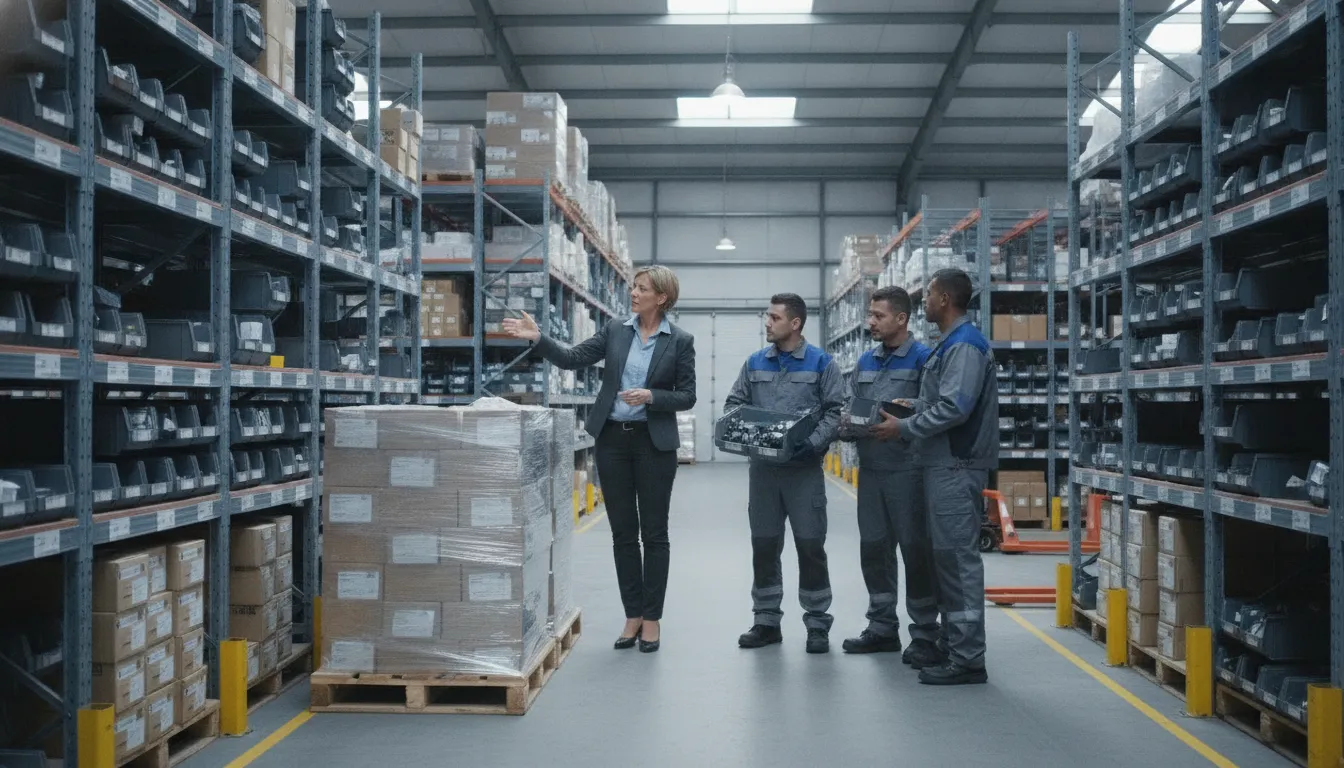 Auto parts wholesale distribution team managing warehouse inventory