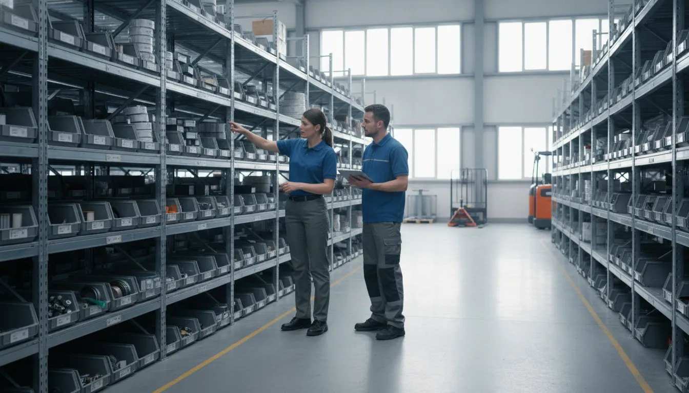 Automotive parts distribution team reviewing warehouse operations