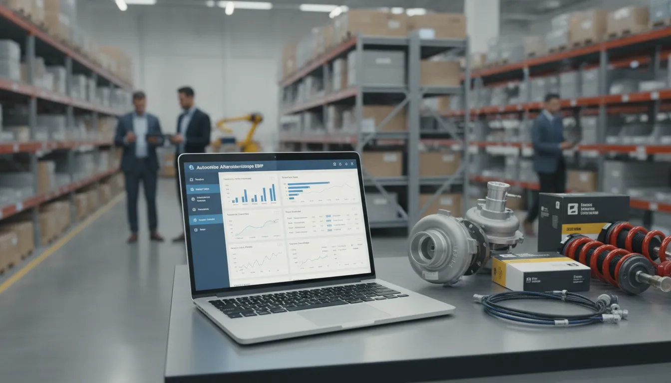 Automotive aftermarket ERP software dashboard on a laptop with auto parts in a distribution warehouse