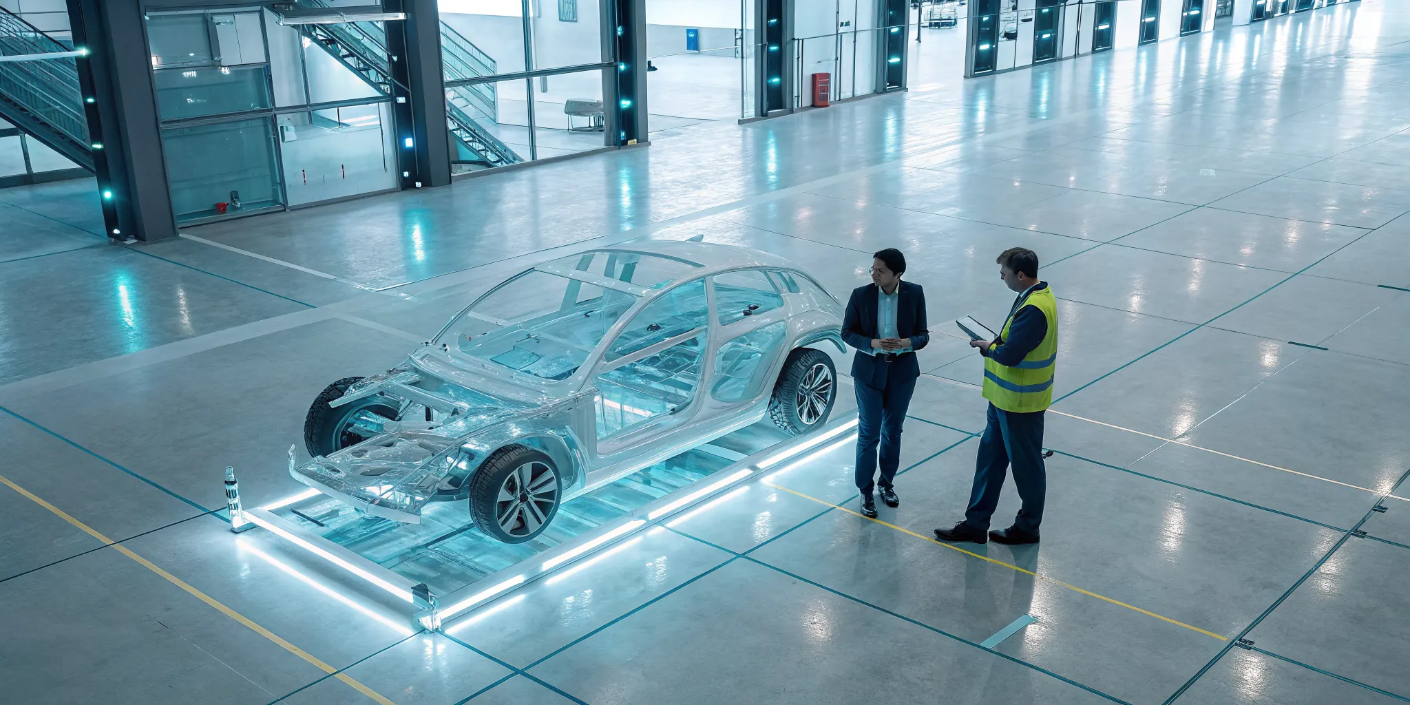 Automotive ERP implementation services team planning with a digital car model.