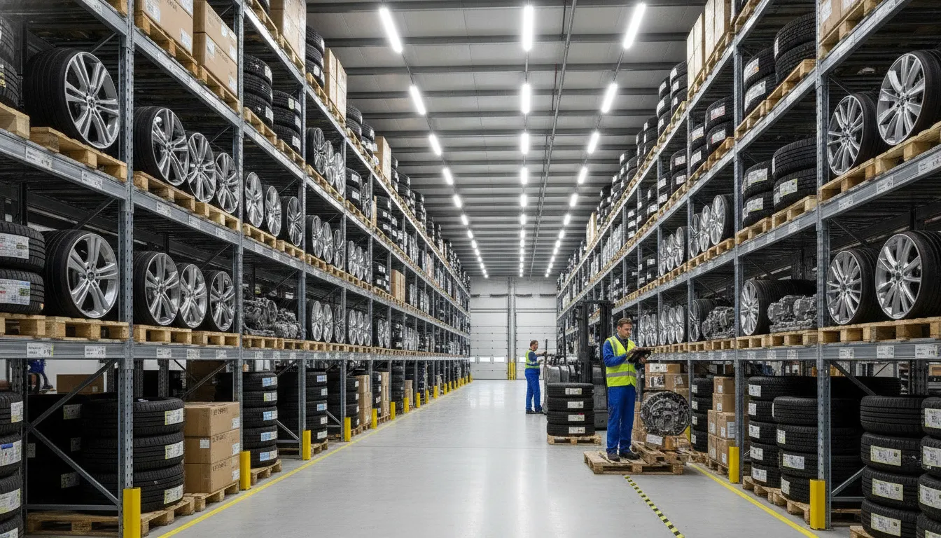 Modern warehouse with automotive parts and tires on organized shelving, worker using tablet