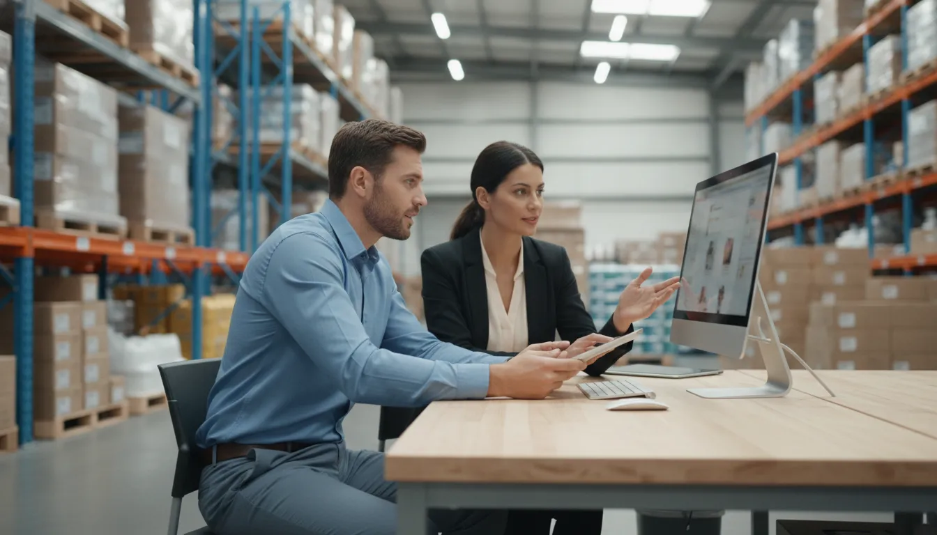 Warehouse operations manager and distributor reviewing online wholesale orders beside stocked shelves