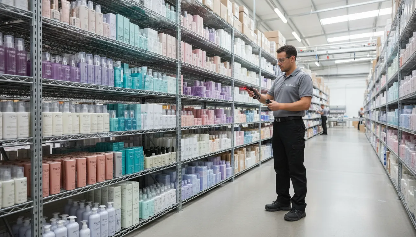 Warehouse worker scanning beauty product barcodes in a distribution center