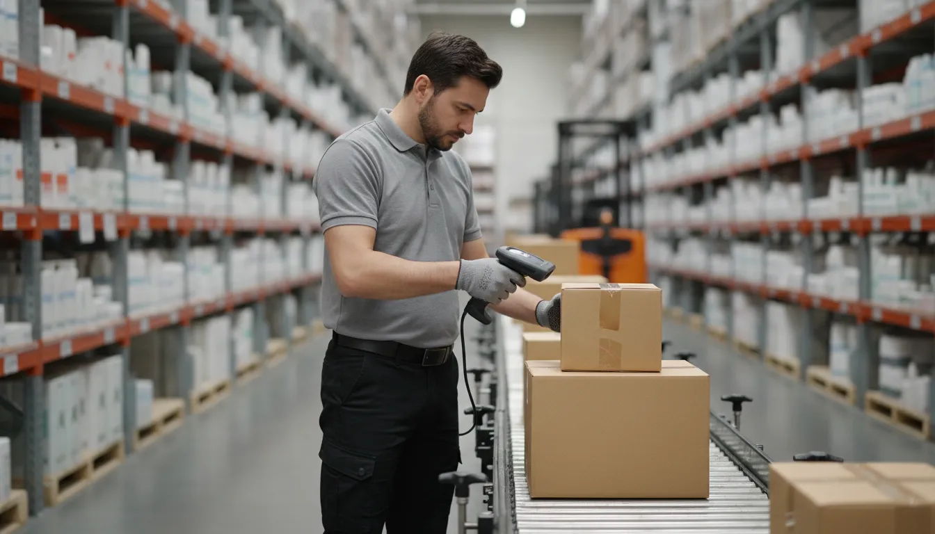 Warehouse manager scanning cosmetics boxes with a barcode reader in a beauty supply distribution center