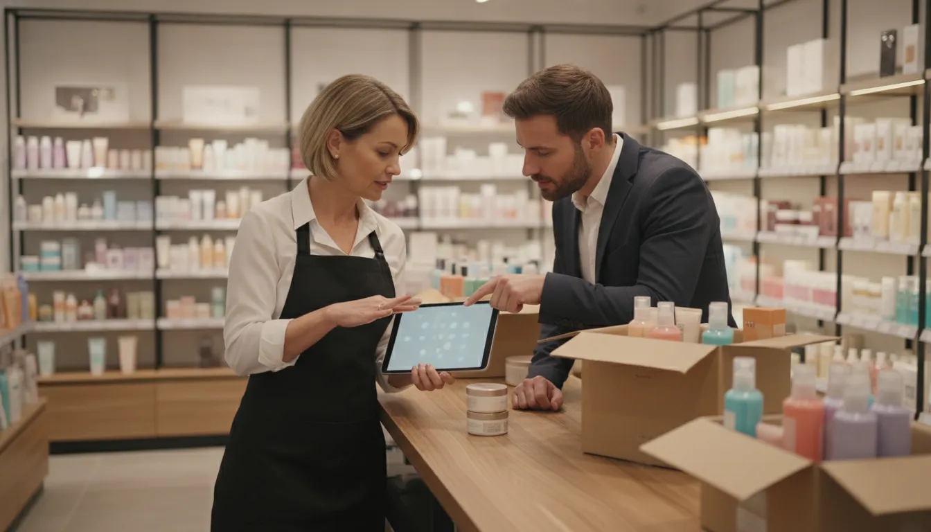 Beauty supply store owner and distributor reviewing inventory on a tablet at the counter