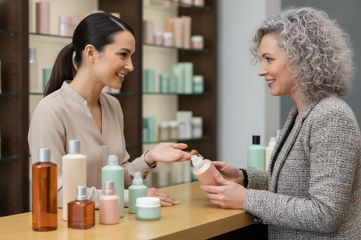 Beauty supply distributor employee helping a professional stylist select products
