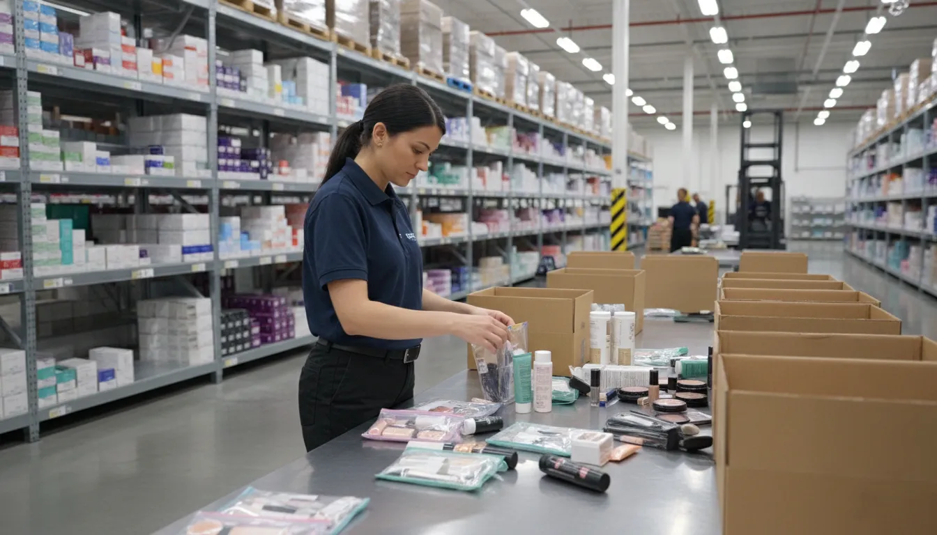 Beauty supply warehouse worker assembling product kit bundles on a worktable with organized shelves of beauty products in the background