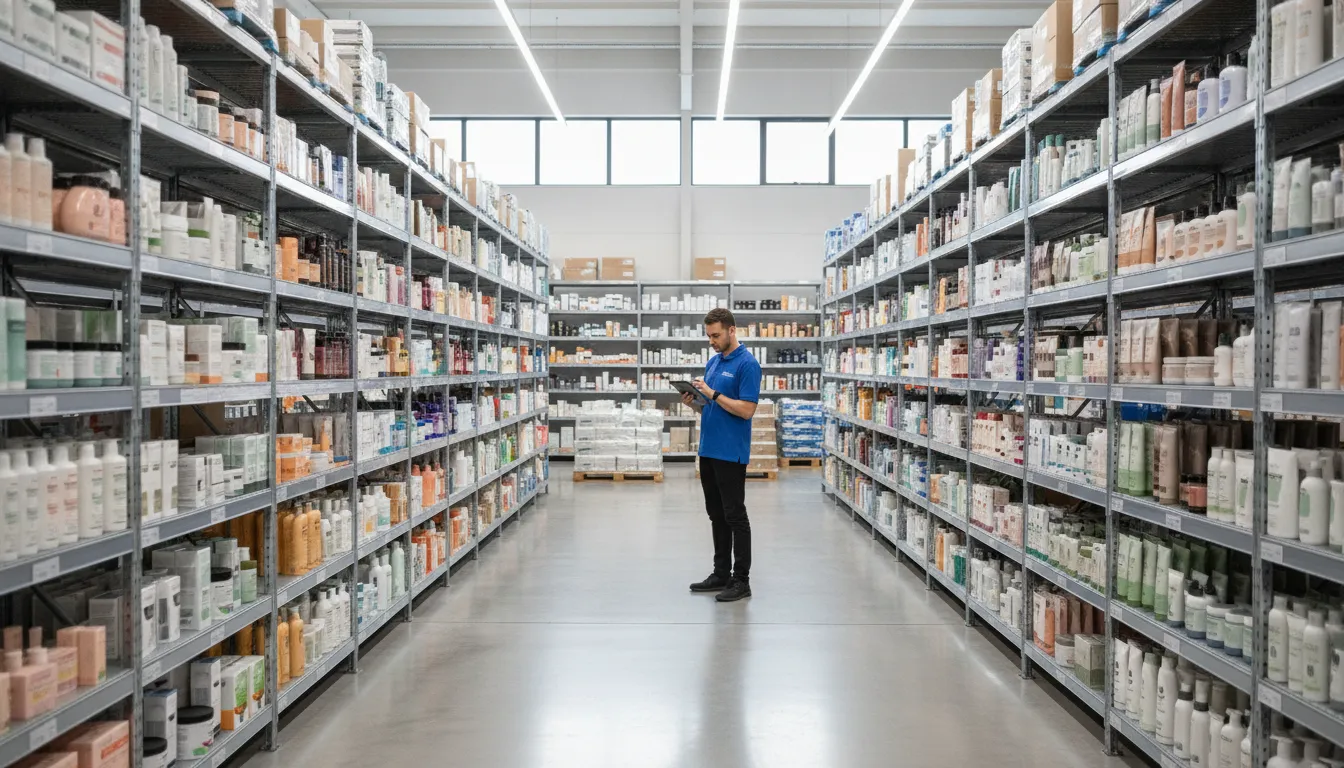 Beauty supply wholesale warehouse with employee checking inventory on tablet