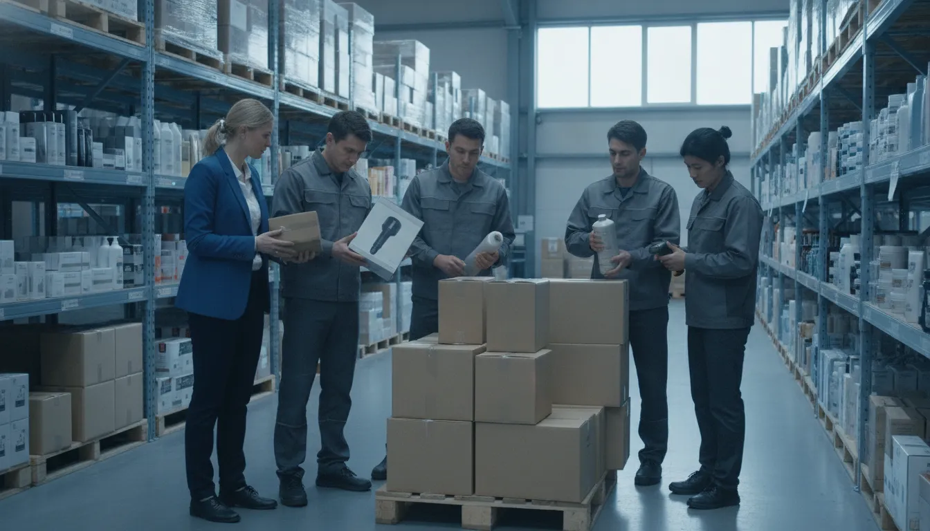 Beauty supply wholesale team reviewing warehouse operations