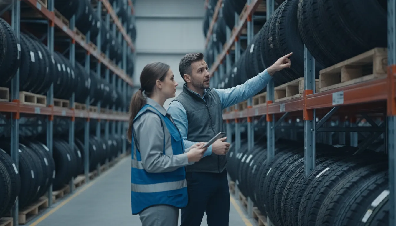 Wholesale tire distribution team reviewing warehouse operations