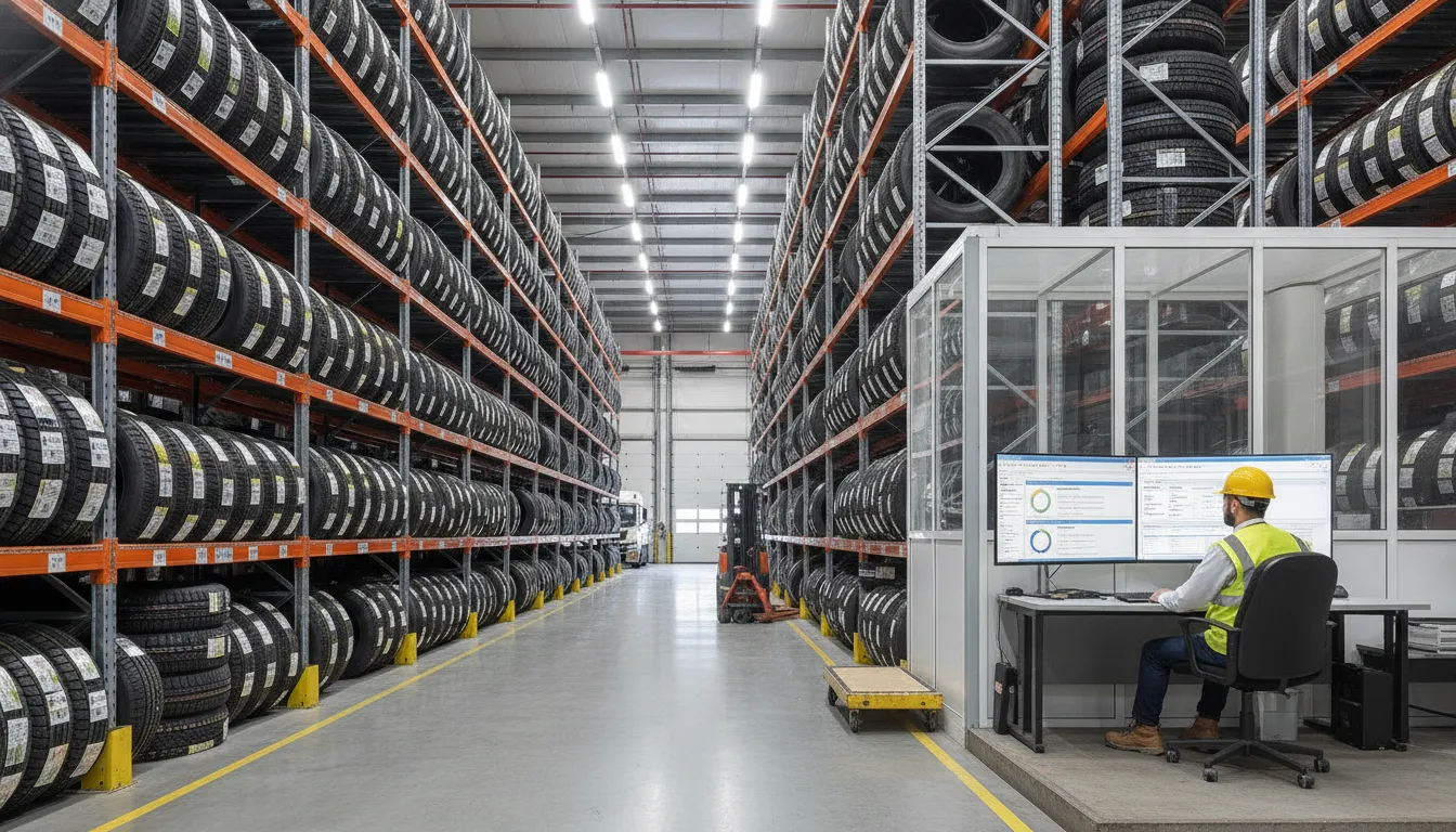 Tire distribution warehouse with inventory shelving and computer workstation