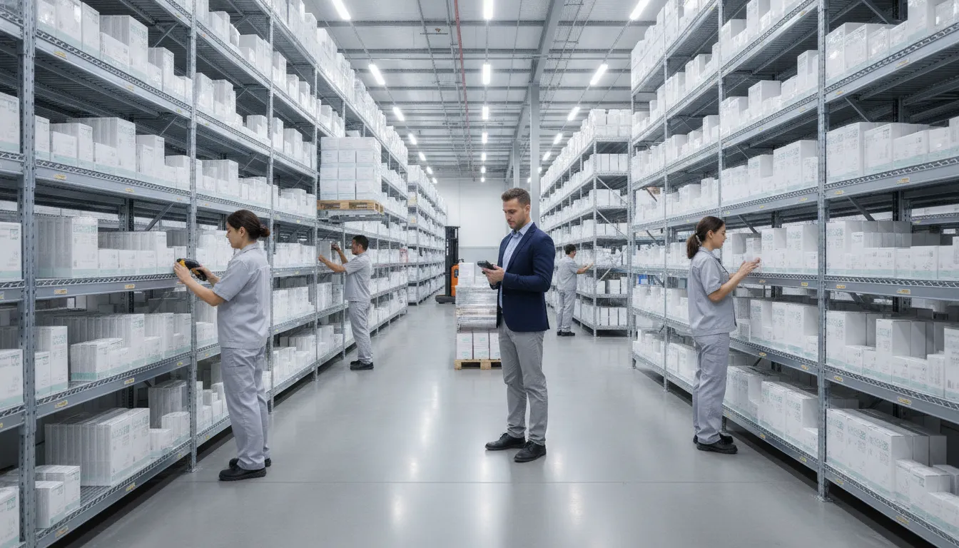 Warehouse workers organizing cosmetic product cartons in a modern beauty distribution center