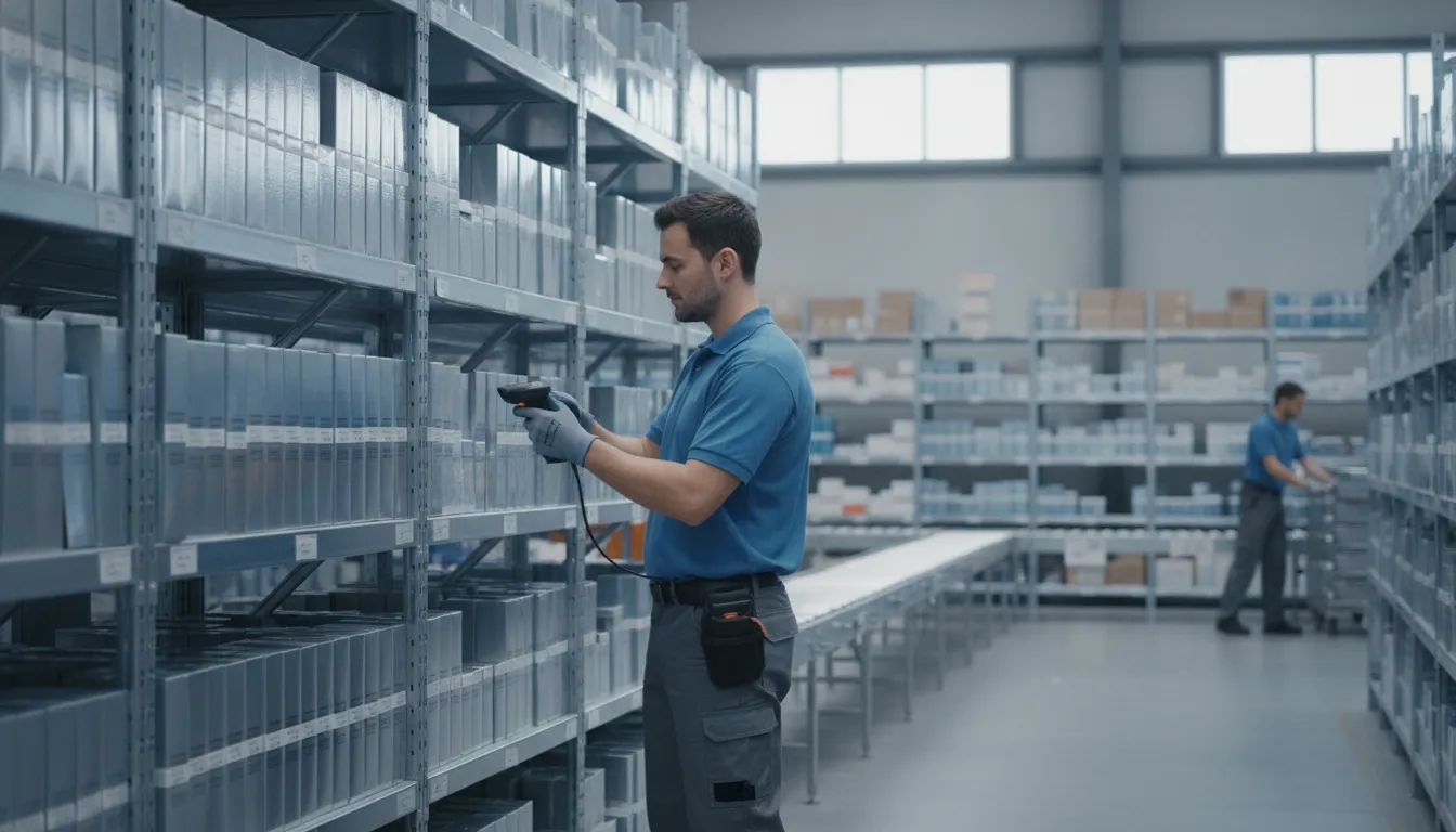Warehouse worker scanning cosmetic product boxes in a beauty supply distribution center
