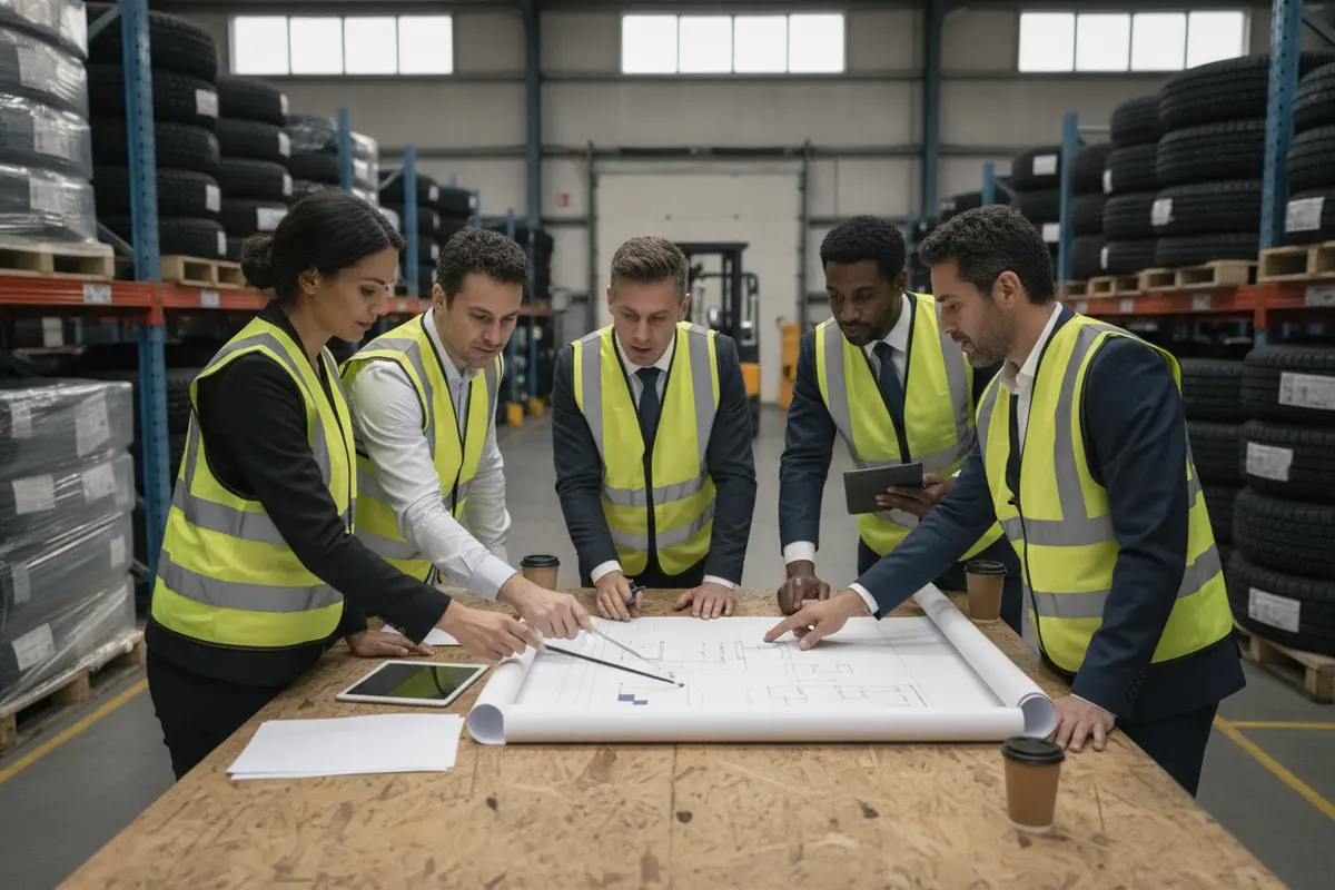 Distribution team reviewing ERP implementation steps around a warehouse planning table