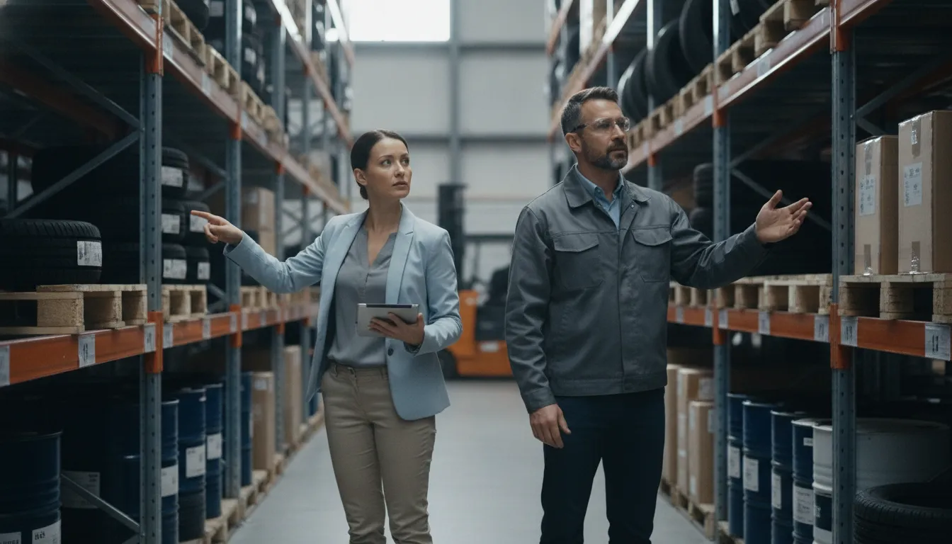 Distribution operations manager and ERP consultant reviewing warehouse workflows