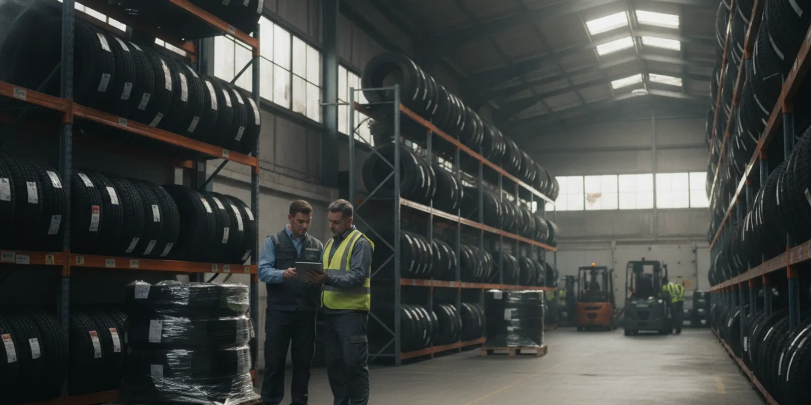 Tire distribution warehouse team reviewing inventory and orders beside stacked tires