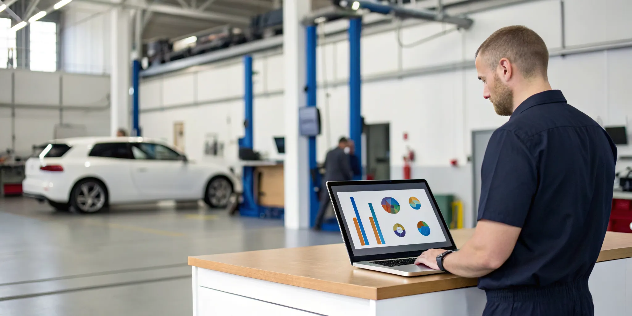 Auto shop employee using a laptop with analytics to choose tire shop management software.