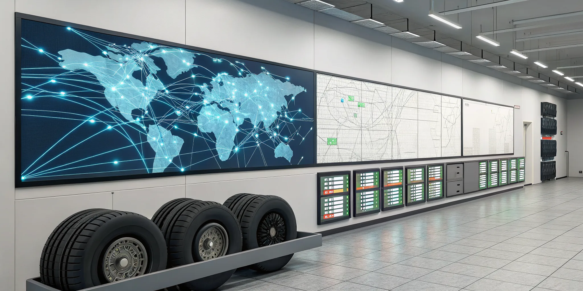 Tire inventory control room with data screens and tire racks for multi-location management.