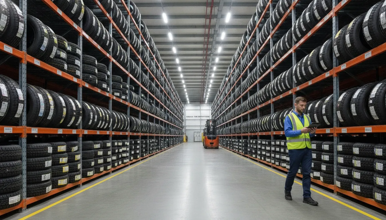 Warehouse manager checking tire inventory on a tablet in an organized tire distribution warehouse