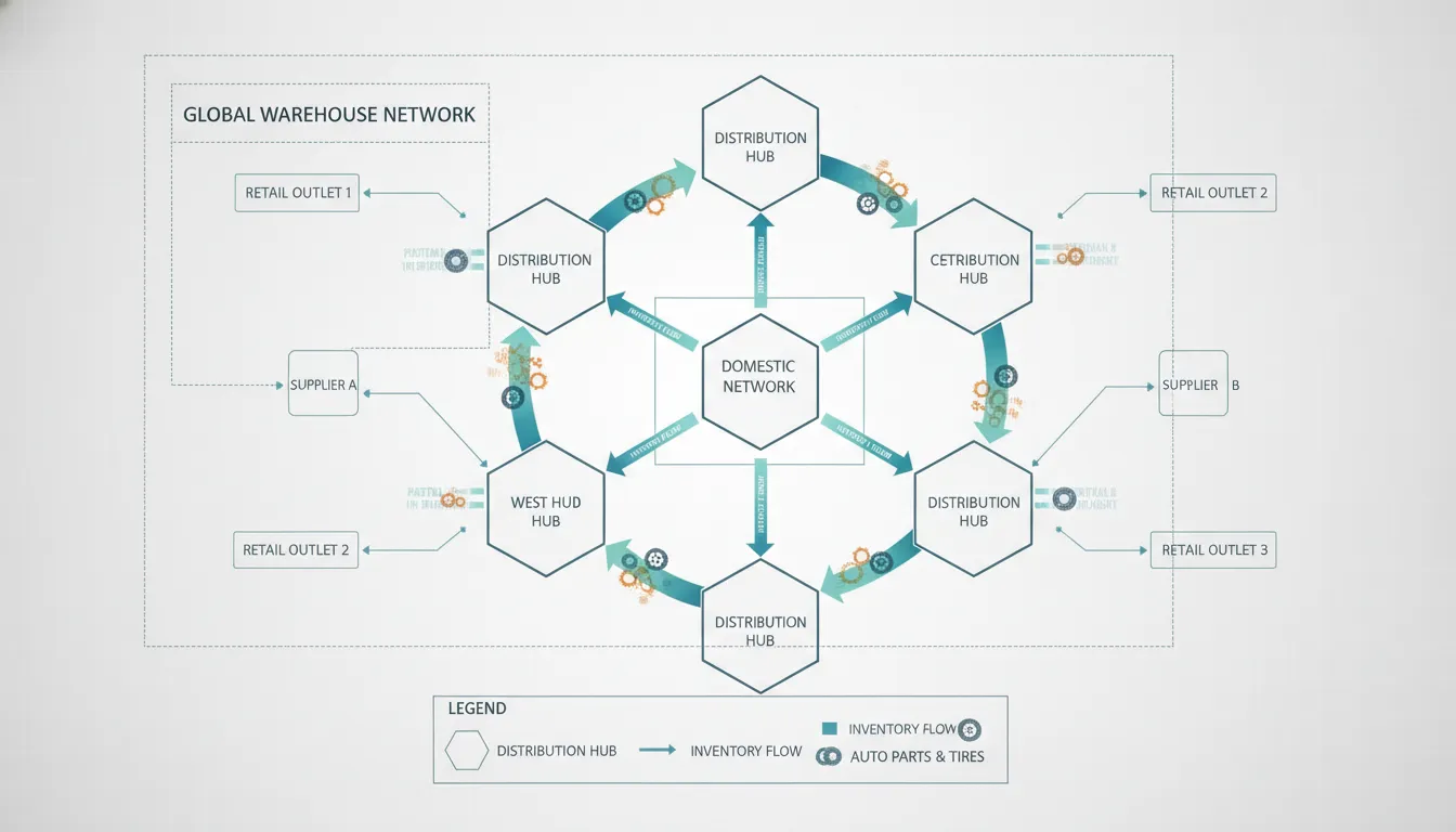 Connected multi-location warehouse network diagram showing inventory flow between distribution hubs