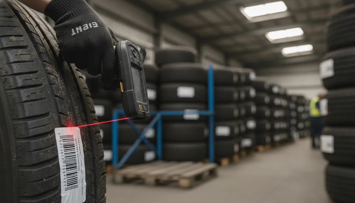 Warehouse worker scanning a tire barcode with a handheld scanner at a distribution center