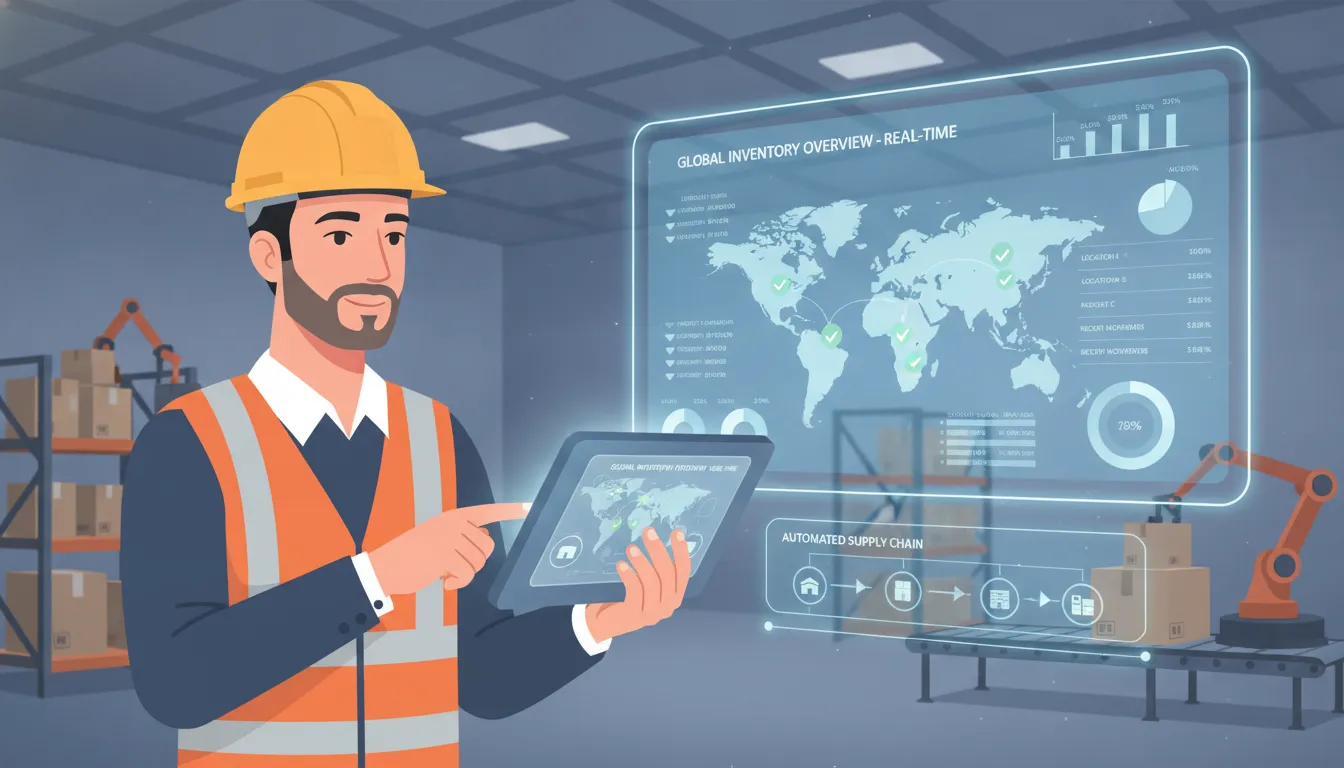 Warehouse manager using a tablet to monitor live inventory data across multiple locations