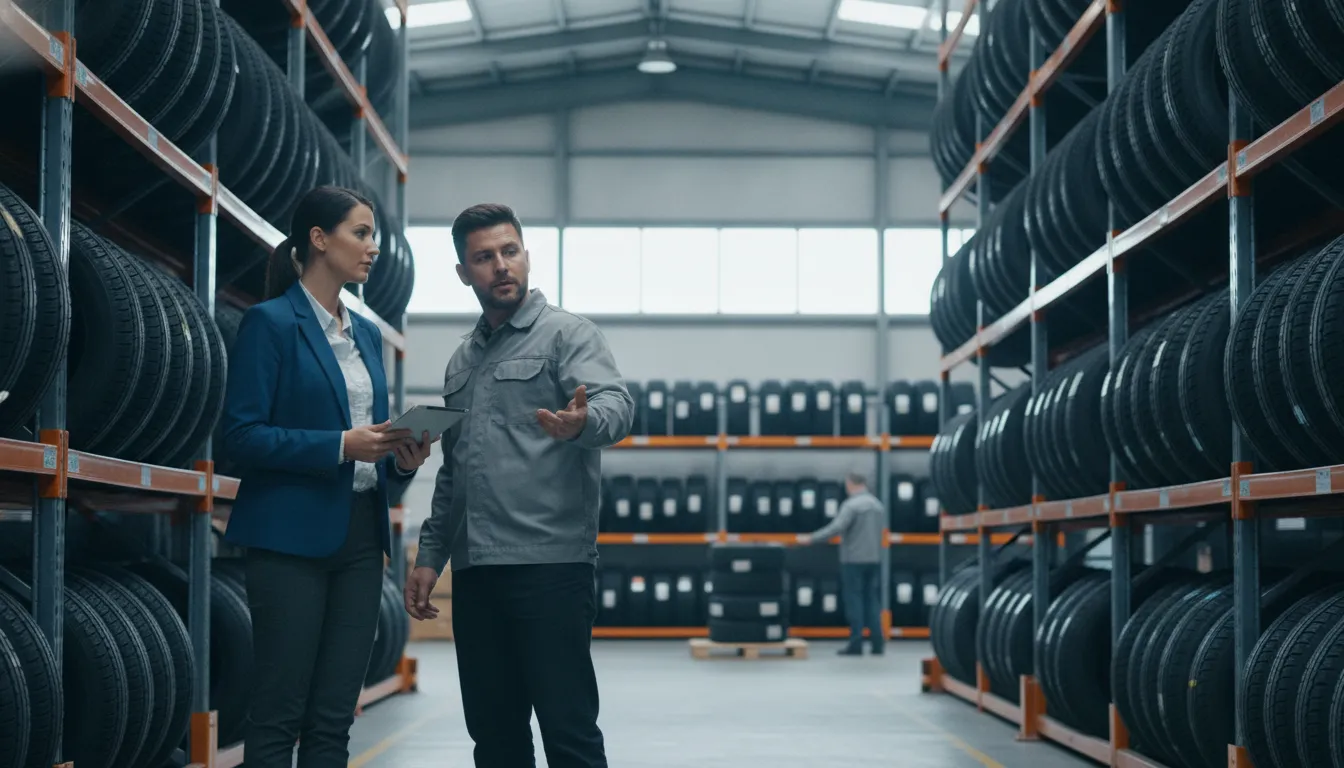 Warehouse and sales teams coordinating wholesale tire inventory