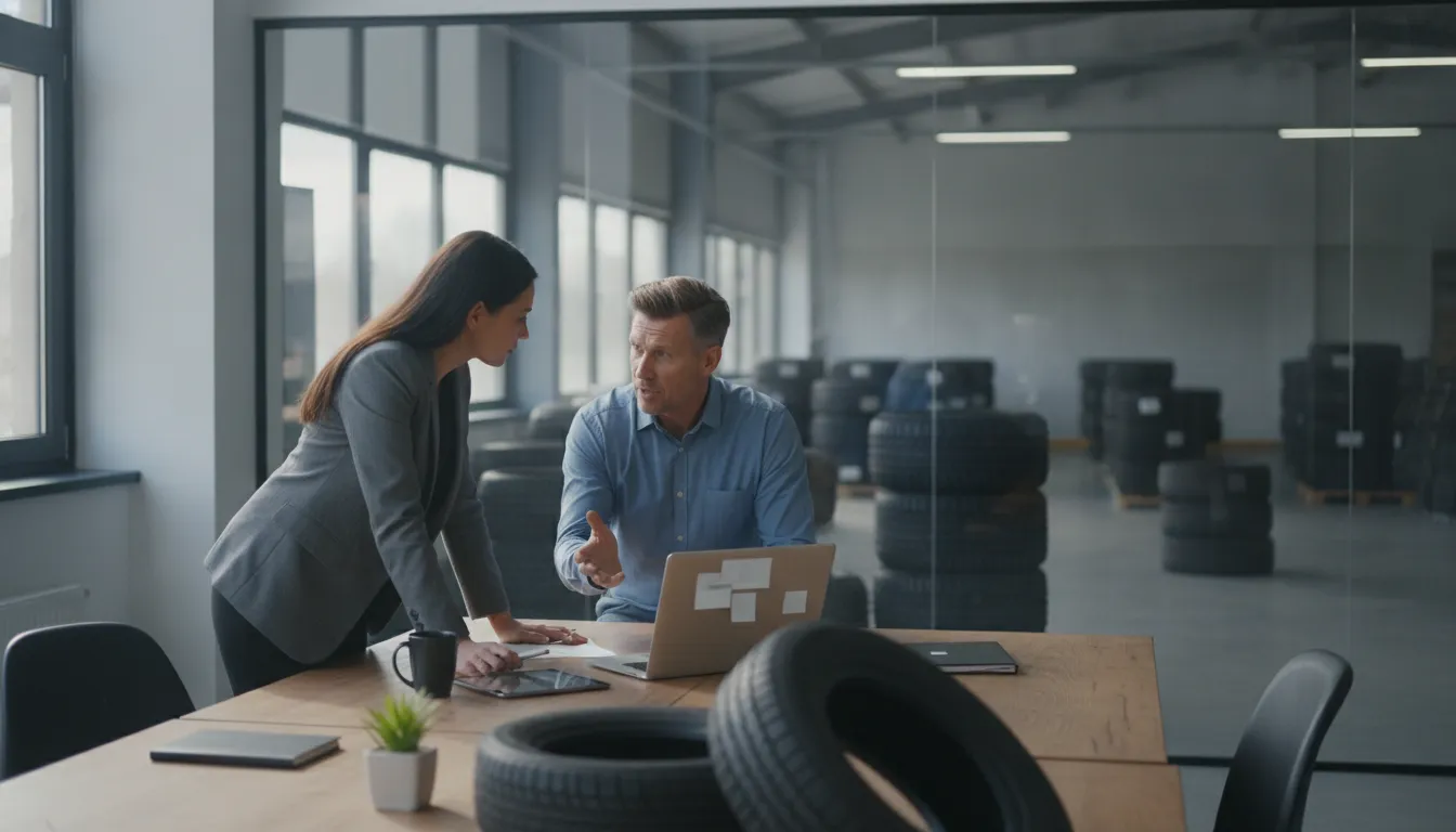 Wholesale distribution team reviewing a B2B tire order