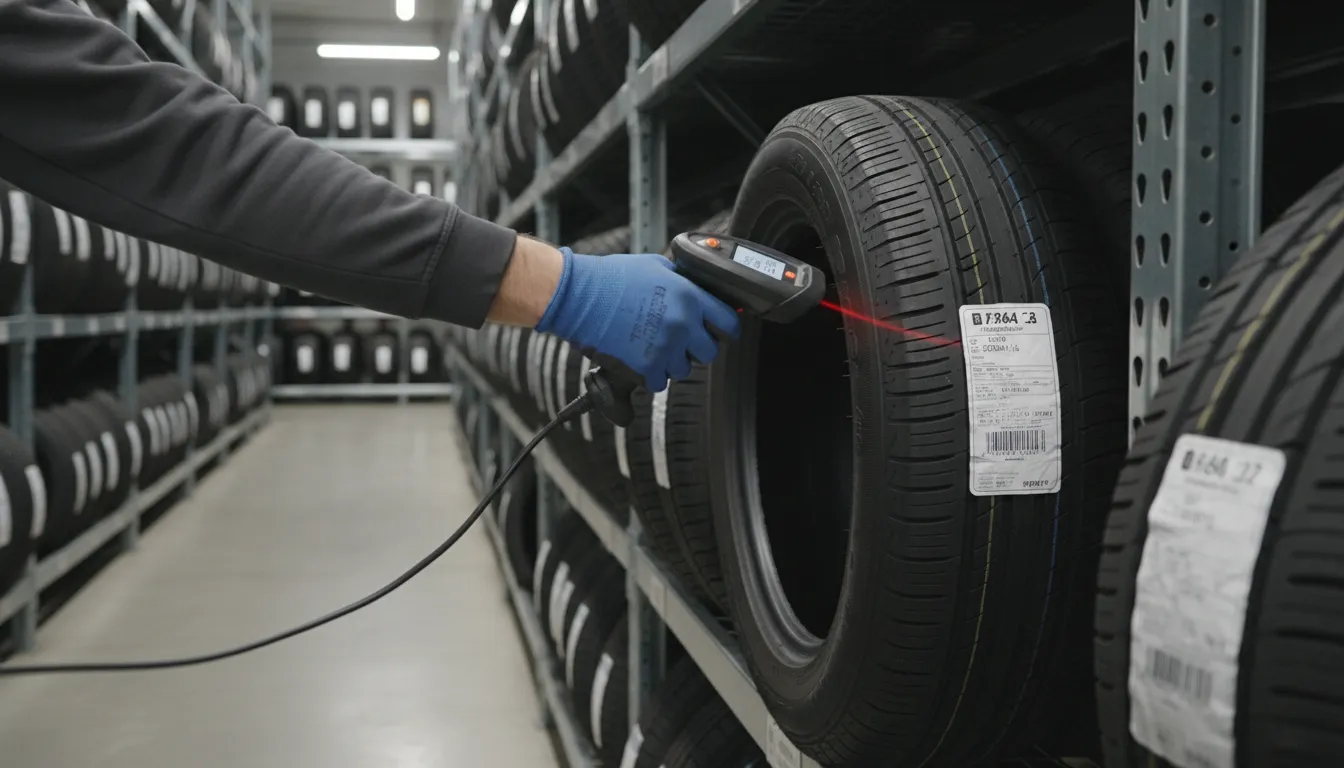 Warehouse worker scanning a tire barcode with a handheld scanner in a tire distribution warehouse