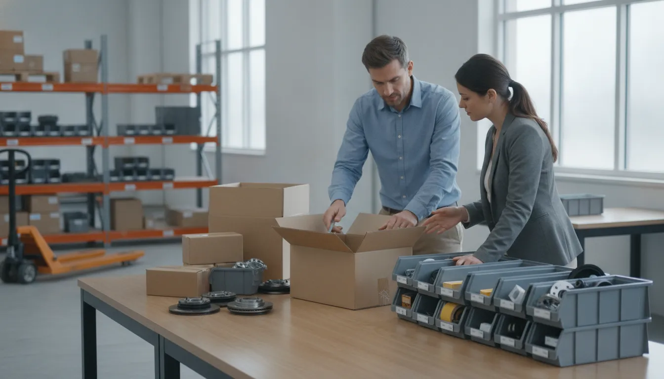Auto parts distribution team reviewing warehouse operations