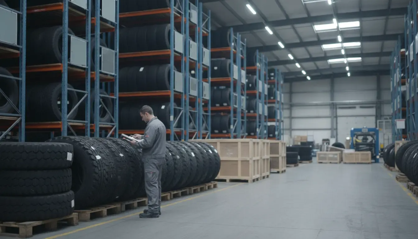 Warehouse employee verifying tires for a distributor order before packing