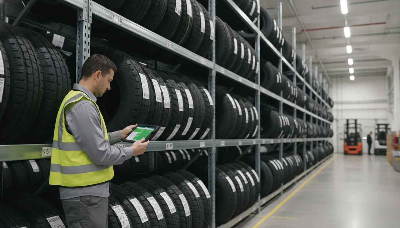 Warehouse manager using a tablet to scan tire barcodes in a tire distribution center with tall racks of tires in the background