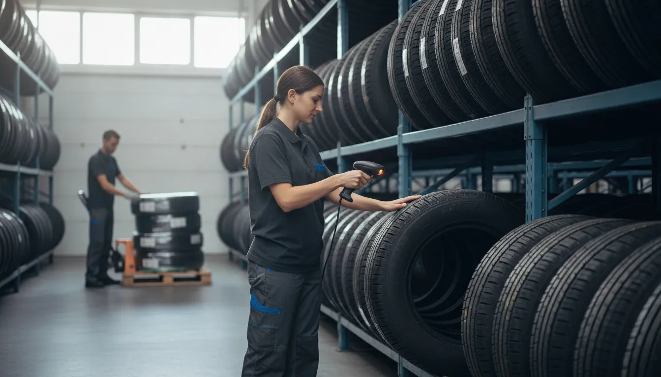 Warehouse team organizing tire inventory for wholesale distribution