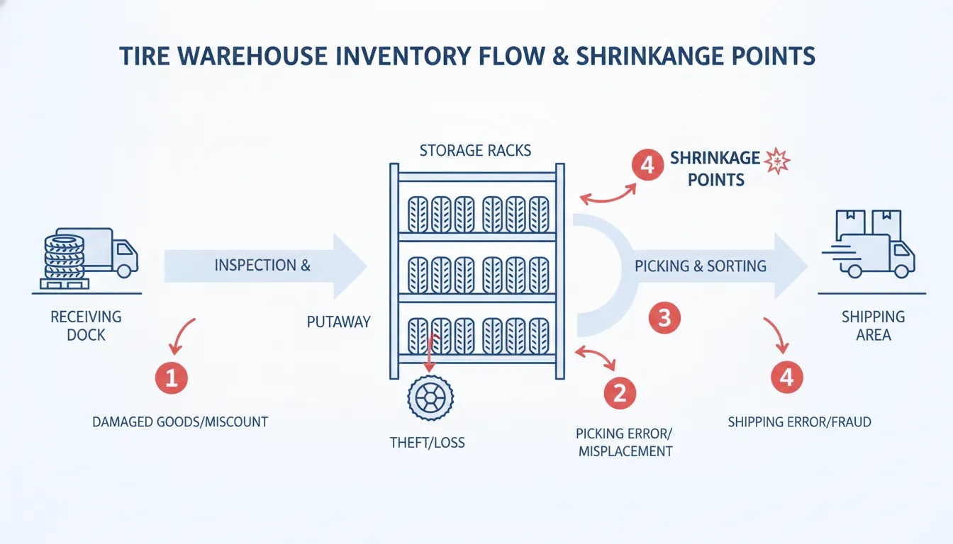Diagram showing tire warehouse flow from receiving to storage to shipping with shrinkage risk points highlighted