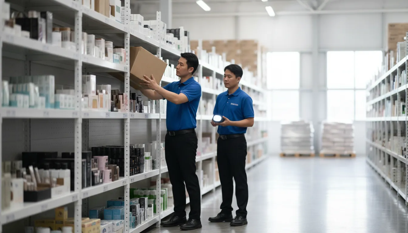 Warehouse team tracking beauty supply inventory with an integrated POS and ERP system