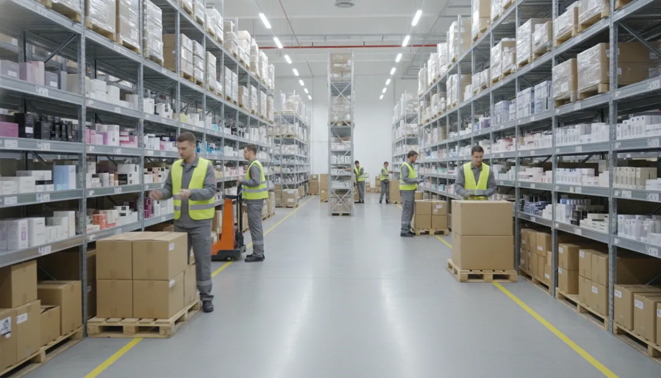 Warehouse staff organizing boxes of cosmetics on shelves in a beauty supply distribution center