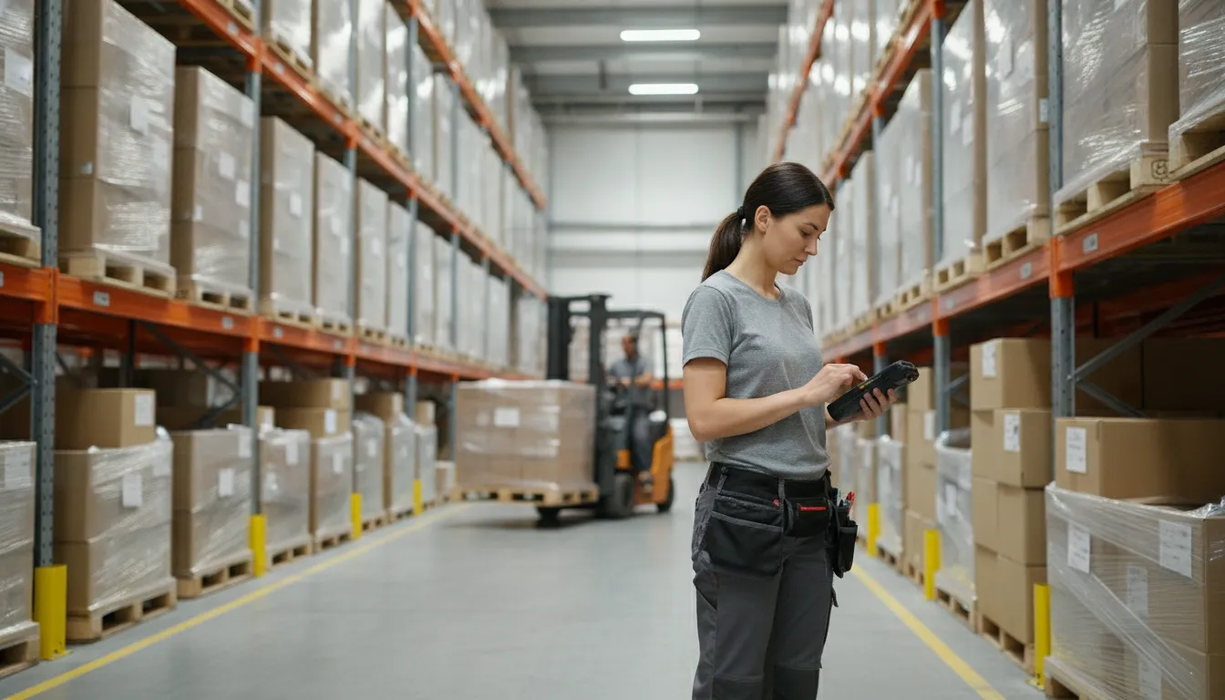 Warehouse distribution worker using a handheld scanner to coordinate online wholesale orders beside stocked shelves