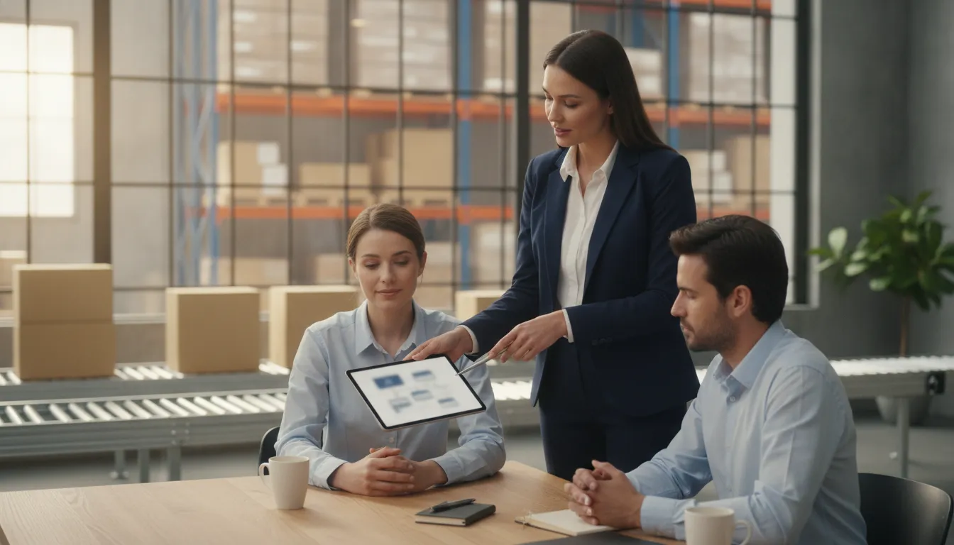 Distribution manager and customer service team reviewing an eCommerce order workflow together in a bright office