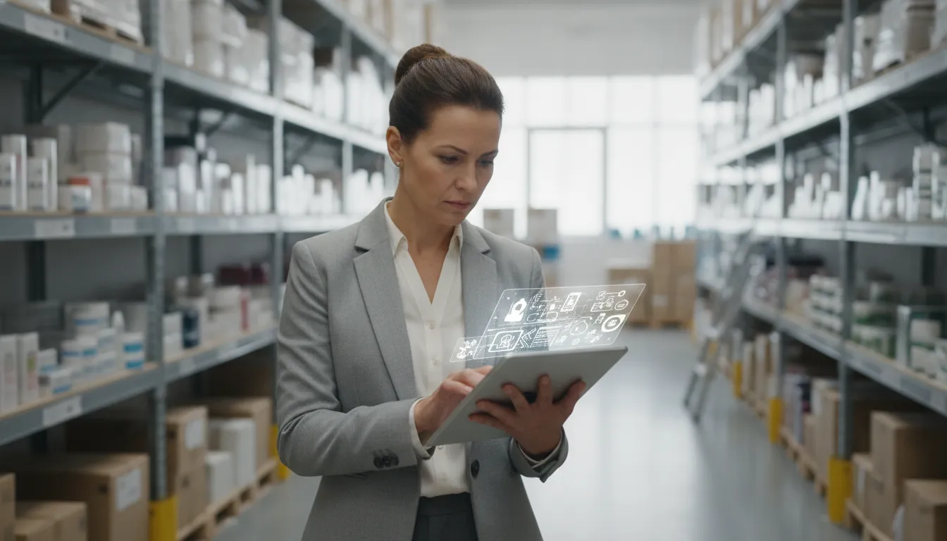 Beauty supply warehouse manager checking inventory in a bright distributor facility