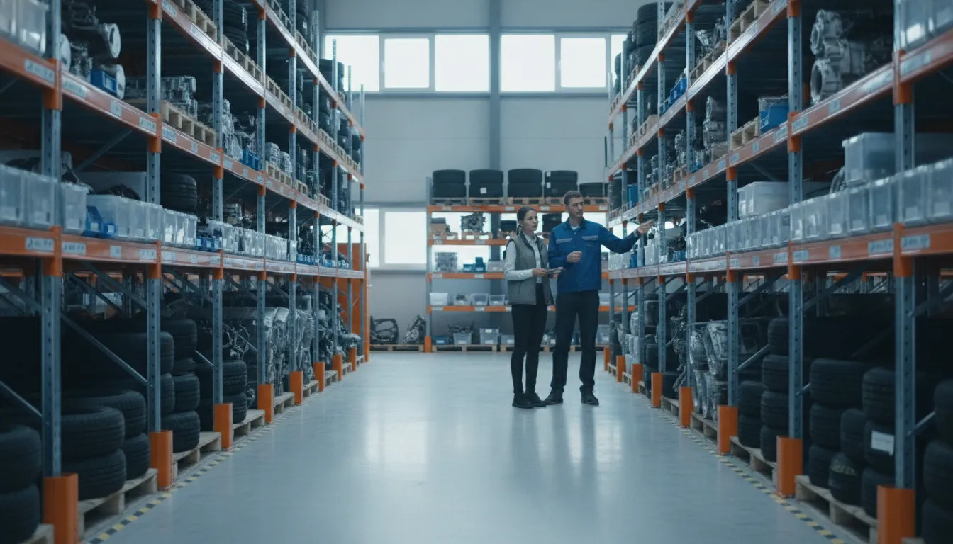 Warehouse staff reviewing automotive inventory for purchasing and distribution