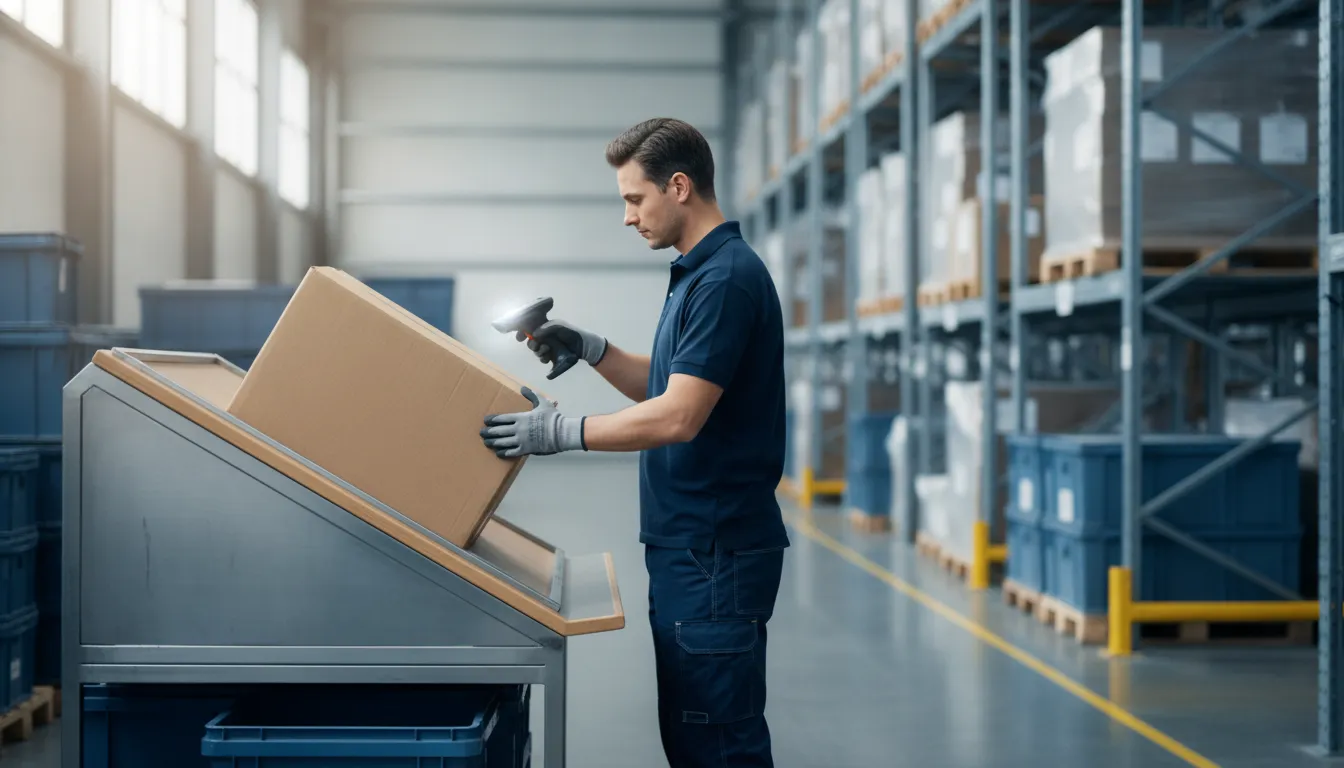 Warehouse associate verifying a wholesale warehouse order with a handheld scanner