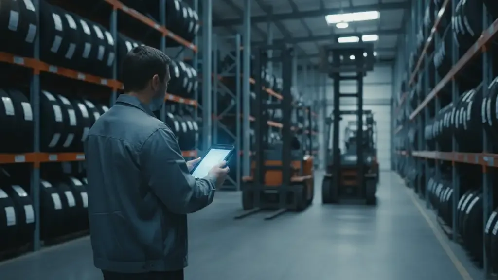 Tire warehouse supervisor checking inventory during a wholesale pricing workflow