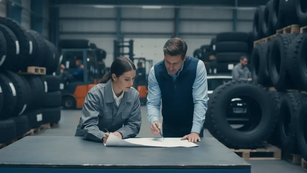 Tire distributor sales and warehouse staff reviewing a wholesale customer order