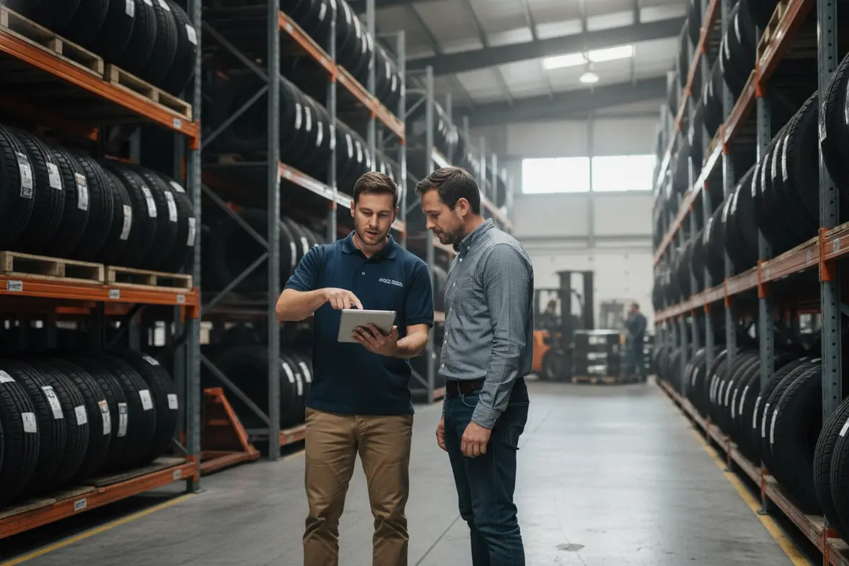 Sales representative confirming tire quantities and account details before submitting a wholesale order
